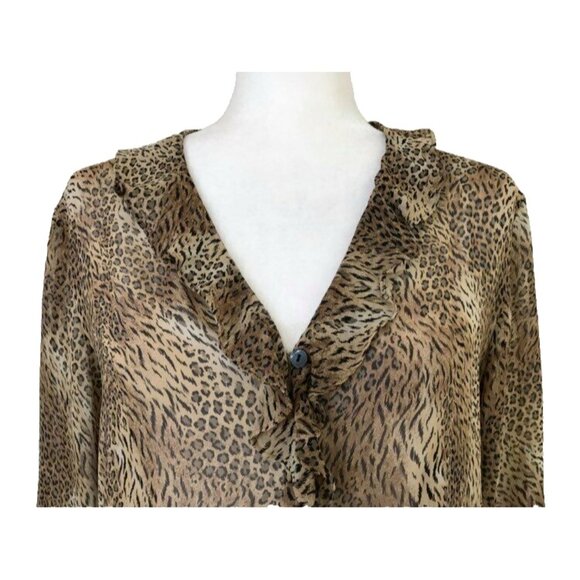 CHICO'S DESIGN 100% Silk Blouse Top Size 1 Animal Print Semi-Sheer Ruffle Front - Picture 2 of 6